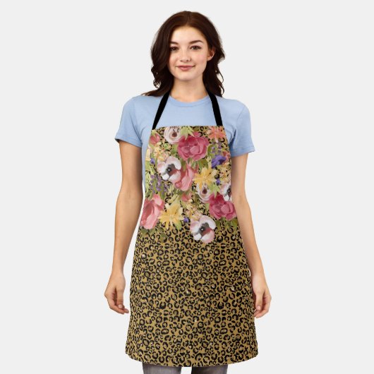 Roze Rose Bloemen Goud Luipaard Jaguar Schort (Gedragen)