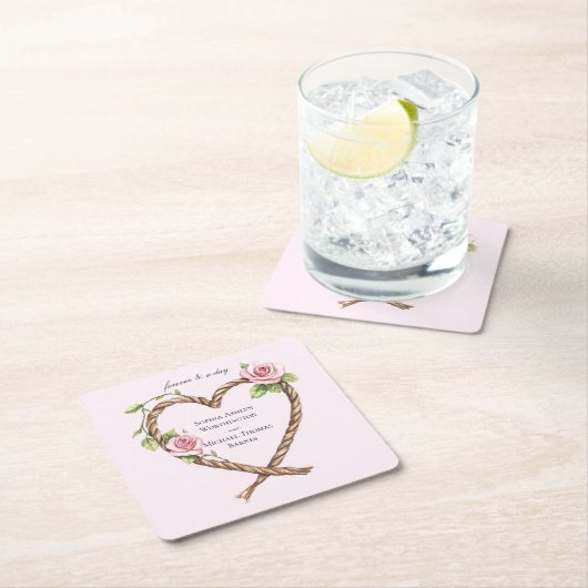 Roze Rose Bloemen Hart Wedding Kartonnen Onderzetters (Insitu)