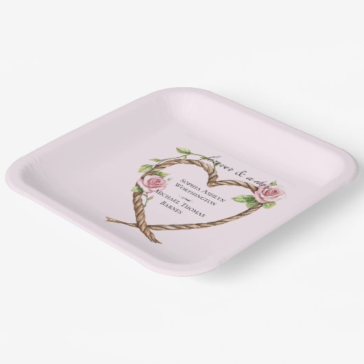 Roze Rose Bloemen Hart Wedding Papieren Bordje (Gebogen)