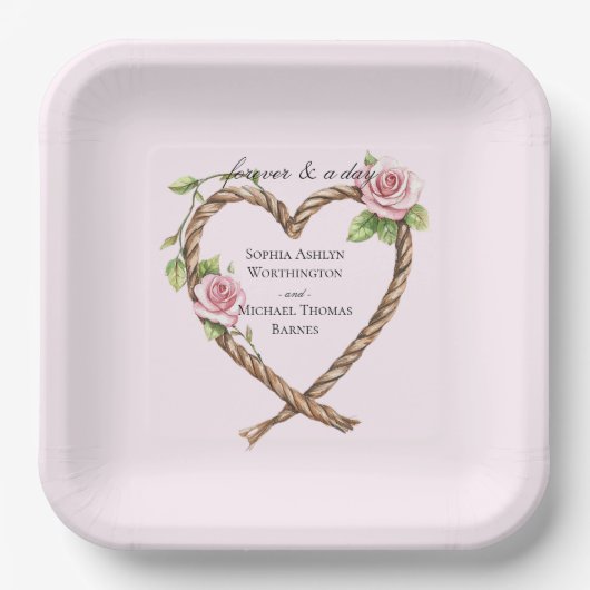Roze Rose Bloemen Hart Wedding Papieren Bordje (Voorkant)