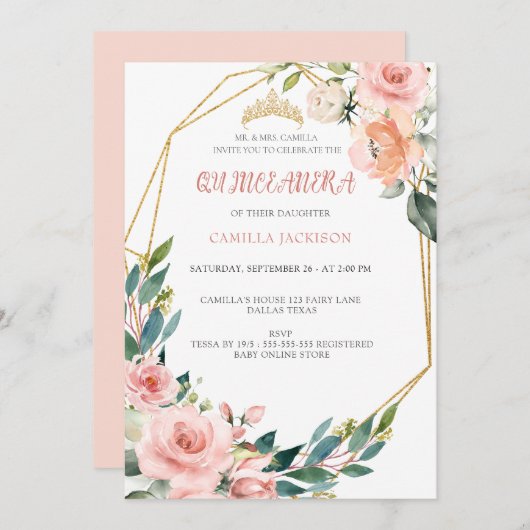 Roze Rose Bloemen Quinceanera Blush Vlindertiar Kaart (Voorkant / Achterkant)