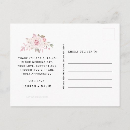 Roze Rose Bloemen Script Trouwfoto Dank u Briefkaart (Achterkant)