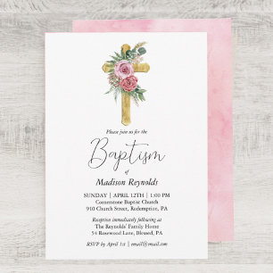 Roze Rose Bloemen Varen Houten Kruis Doop Kaart