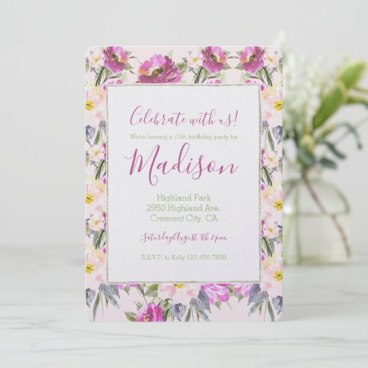 Roze Rose Bloemen Verjaardag Kaart (Staand voorkant)