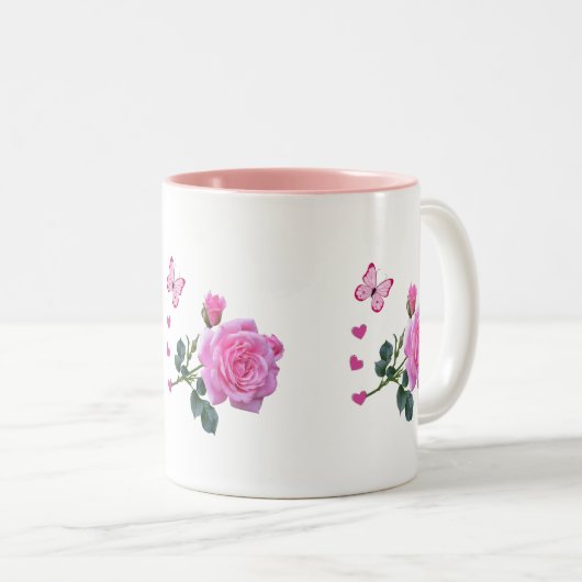 Roze Rose Bloemen Vlinder Harten Mok (Voorkant rechts)