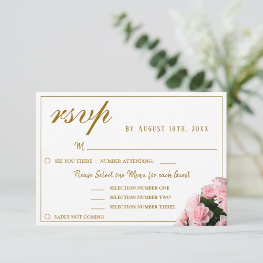 Roze Rose Bloemen Wedding Menu Keuze RSVP Kaart (Staand voorkant)