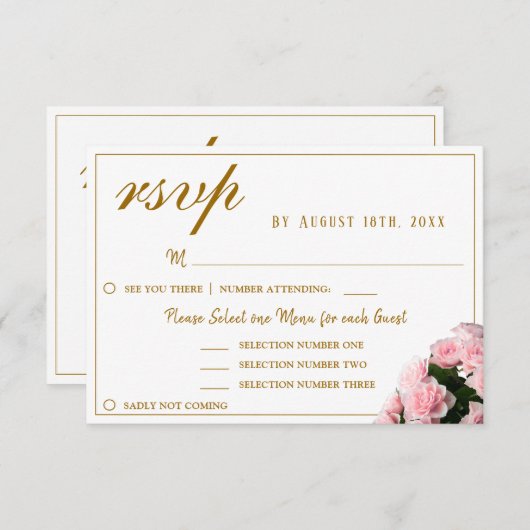 Roze Rose Bloemen Wedding Menu Keuze RSVP Kaart (Voorkant / Achterkant)