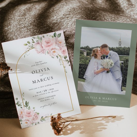 Roze Rose Bloemenboog Elegante bruiloft uitnodigin Kaart