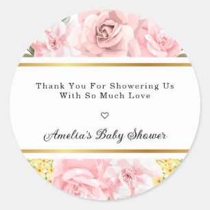 Roze Rose Bloemenliefde en Bedankt Baby shower Ronde Sticker
