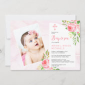 Roze Rose Blooms Girl Baby Foto Baptisme Kaart (Voorkant)