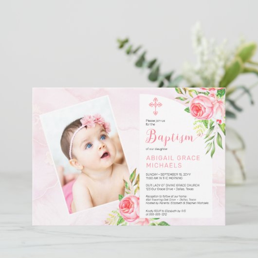 Roze Rose Blooms Girl Baby Foto Baptisme Kaart (Staand voorkant)