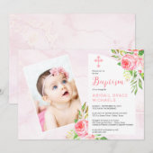 Roze Rose Blooms Girl Baby Foto Baptisme Kaart (Voorkant / Achterkant)