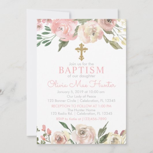 Roze Rose Blooms Girl Baptisme Invitation Kaart (Voorkant)