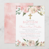 Roze Rose Blooms Girl Baptisme Invitation Kaart (Voorkant / Achterkant)