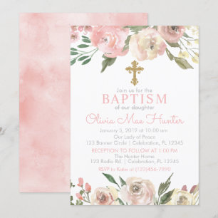 Roze Rose Blooms Girl Baptisme Invitation Kaart