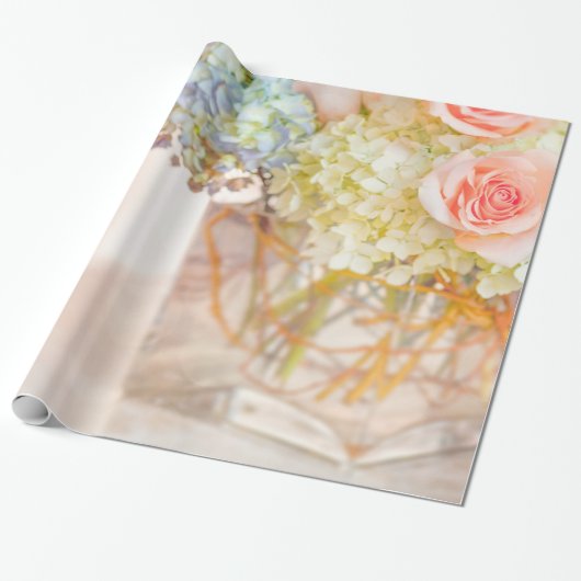 Roze Rose Blue Hydrangea Vase Bouquet Rozen Bloem Cadeaupapier (Uitgerold)