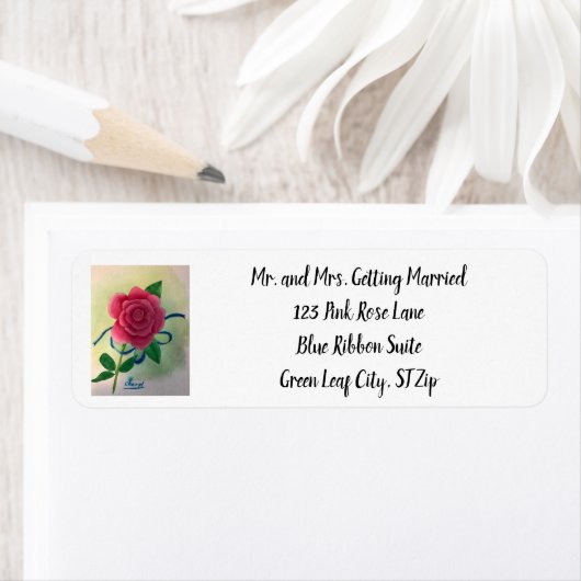 Roze Rose Blue Ribbon Waterverf Adresetiketten Etiket (Insitu)