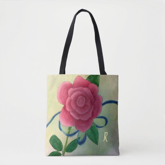 Roze Rose Blue Ribbon Waterverf Monogram Tote Bag (Voorkant)
