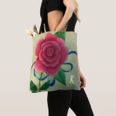 Roze Rose Blue Ribbon Waterverf Monogram Tote Bag (Dichtbij)