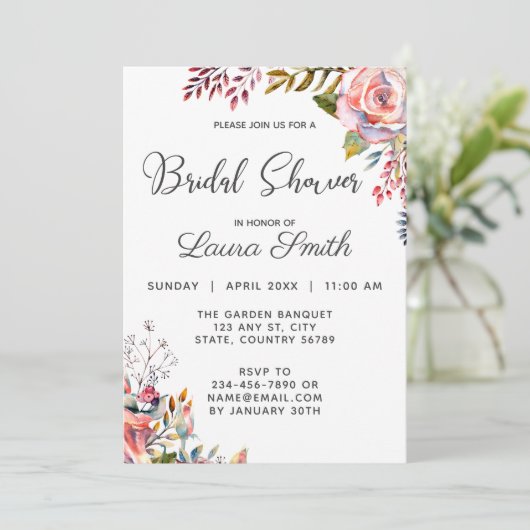 Roze Rose Blush Floral Bridal Shower Kaart (Staand voorkant)