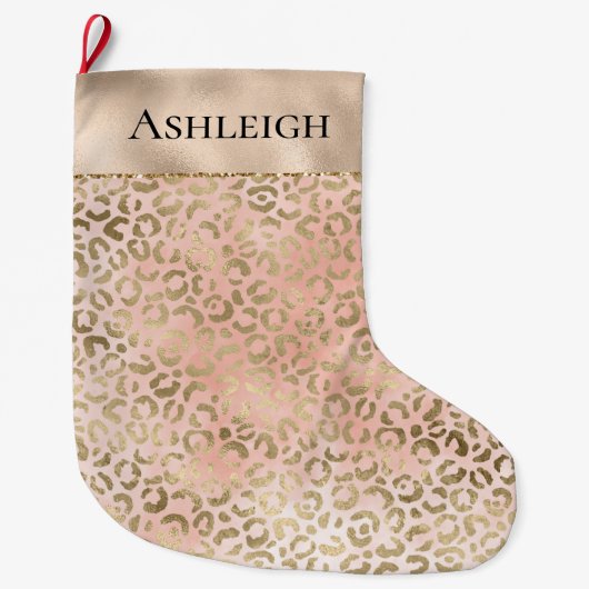 Roze Rose Blush Gold Leopard Animal Print Name Grote Kerstsok (Voorkant)