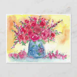 Roze Rose Boeket Waterverf Schilderij Briefkaart