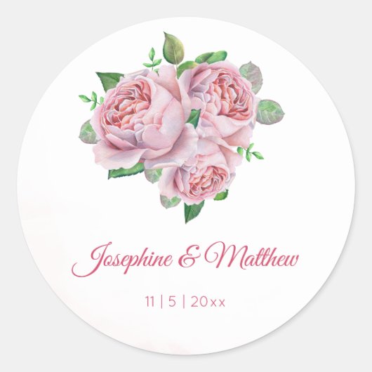 Roze Rose Boeket Waterverf Trouwstickers Ronde Sticker (Voorkant)
