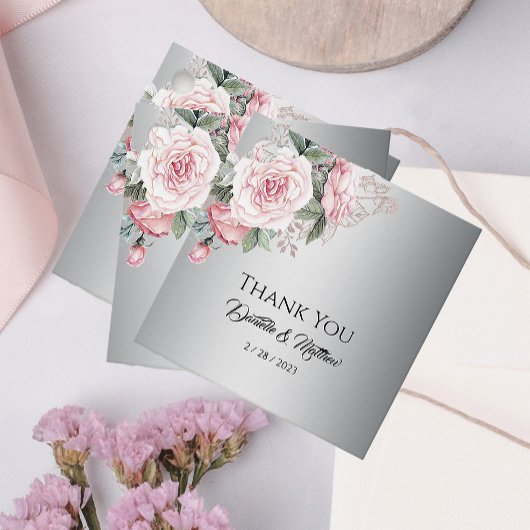 Roze Rose Boeket Zilver Bruiloft Labels