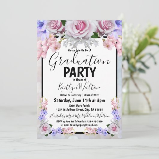 Roze Rose Bokeh Graduation Party Kaart (Staand voorkant)