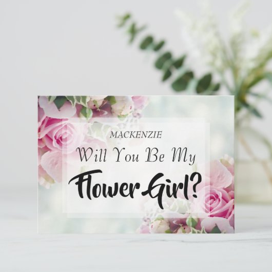 Roze Rose Bouquet Bloemenmeisje Voorstel Kaart (Staand voorkant)