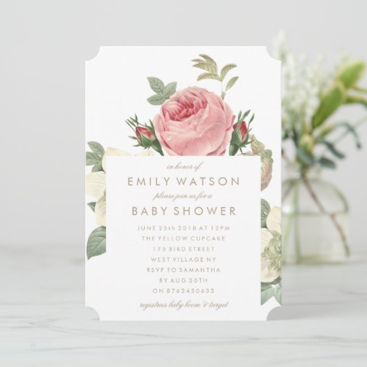 Roze Rose Bouquet Flower Baby shower Invitation Kaart (Staand voorkant)