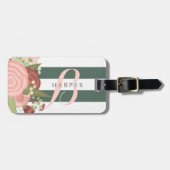 Roze Rose Bouquet & Green Stripes Aangepaste naam Bagagelabel (Voorkant horizontaal)