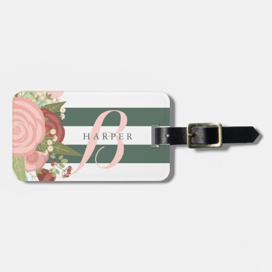 Roze Rose Bouquet & Green Stripes Aangepaste naam Bagagelabel (Voorkant horizontaal)