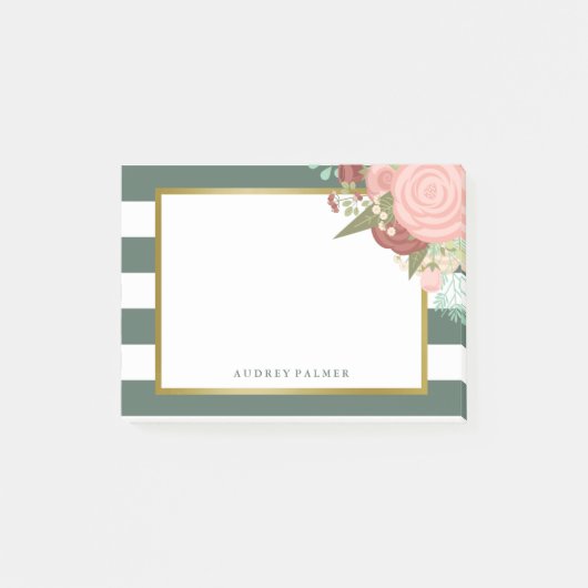 Roze Rose Bouquet & Green Stripes Aangepaste naam Post-it® Notes (Voorkant)