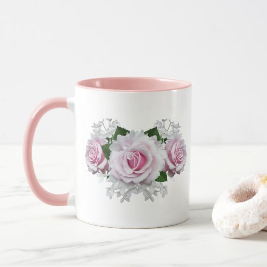 Roze Rose Bouquet Mok (Met donut)