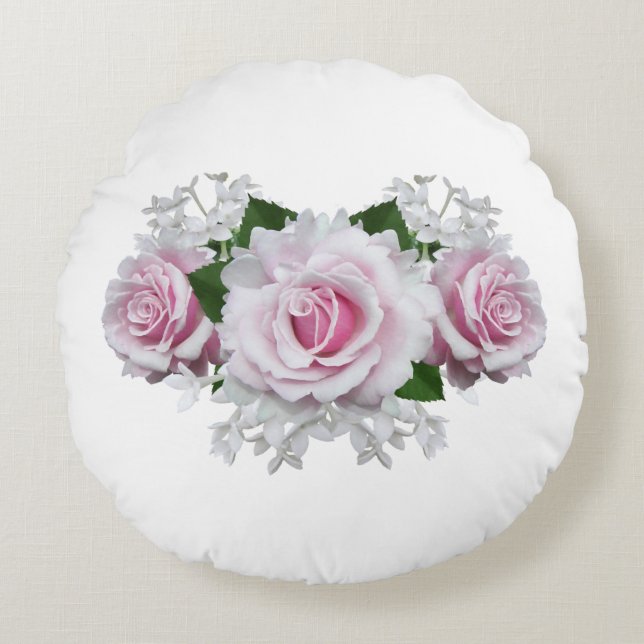 Roze Rose Bouquet Rond Kussen (Voorkant)