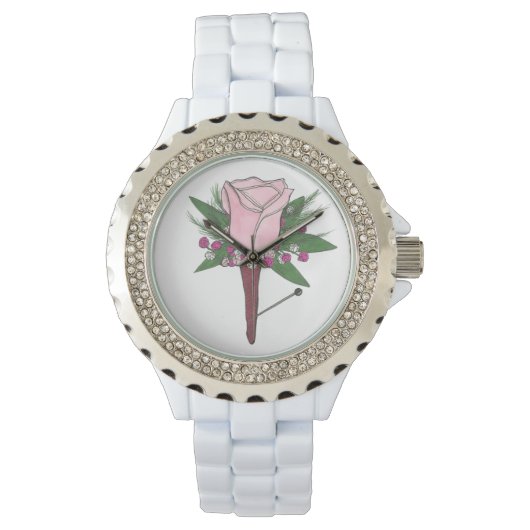 Roze Rose Boutonniere Floral Prom Wedding Watch Horloge (Voorkant)