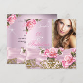 Roze Rose Bow Foto Fabulous Birthday Party Kaart (Voorkant / Achterkant)