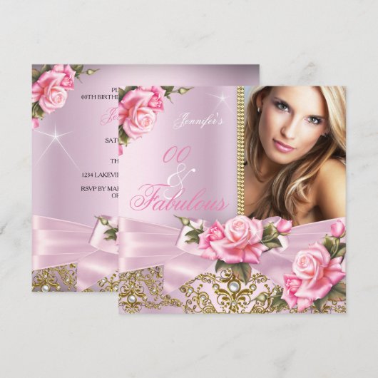 Roze Rose Bow Foto Fabulous Birthday Party Kaart (Voorkant / Achterkant)