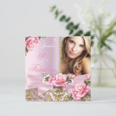 Roze Rose Bow Foto Fabulous Birthday Party Kaart (Staand voorkant)