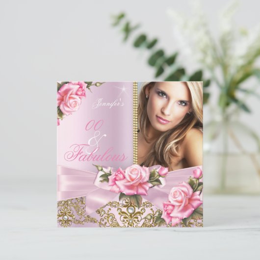 Roze Rose Bow Foto Fabulous Birthday Party Kaart (Staand voorkant)