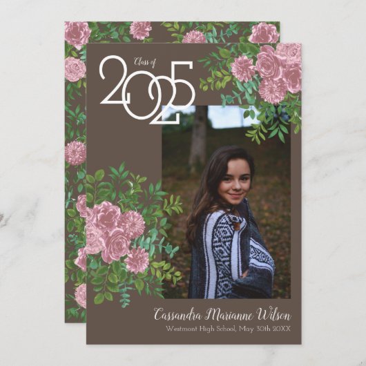 Roze Rose  bruin Afstuderen Aankondiging (Voorkant / Achterkant)