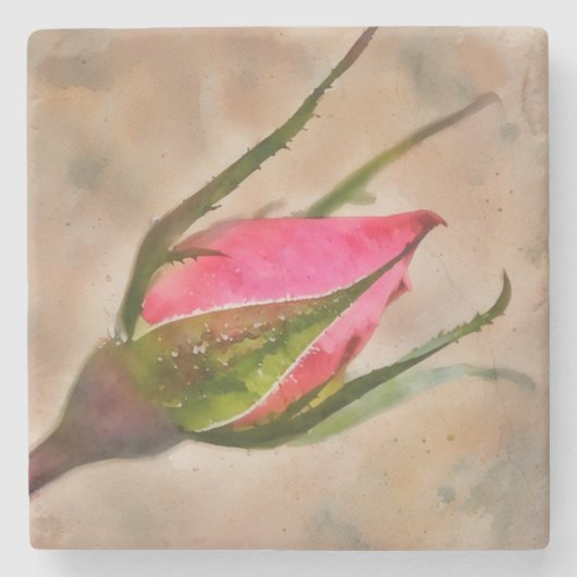 Roze Rose Bud Flower Art Marble Stenen Onderzetter (Voorkant)