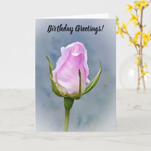 Roze Rose Bud Flower Art Verjaardag Kaart (Gele Bloem)