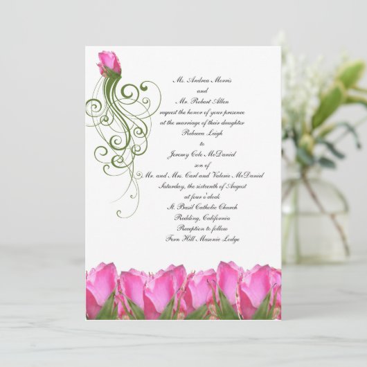 Roze Rose Bud Uitnodiging (Staand voorkant)