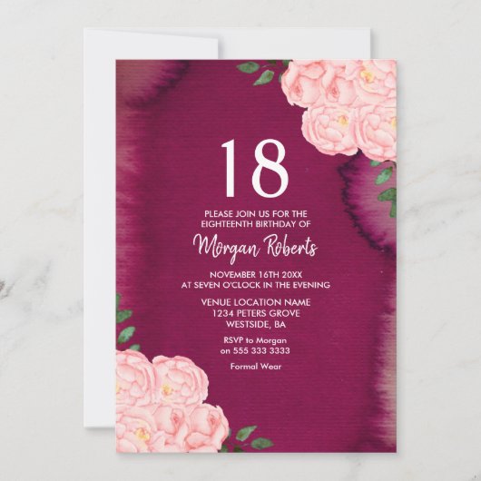 Roze Rose Burgundy Paars 18th Birthday Invite Kaart (Voorkant)
