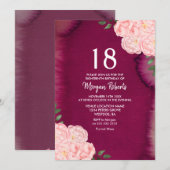 Roze Rose Burgundy Paars 18th Birthday Invite Kaart (Voorkant / Achterkant)