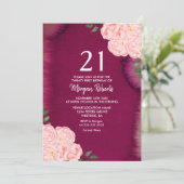 Roze Rose Burgundy Paars 21st Birthday Invite Kaart (Staand voorkant)