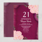 Roze Rose Burgundy Paars 21st Birthday Invite Kaart (Voorkant / Achterkant)