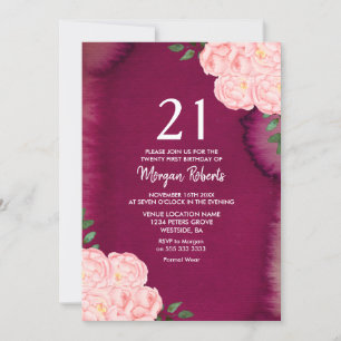 Roze Rose Burgundy Paars 21st Birthday Invite Kaart